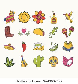 Collection of diverse, hand-drawn icons representing Mexican culture.  The icons showcase various elements such as food, music, clothing, nature, and symbols.  The style is childlike or whimsical.
