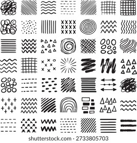 Collection of diverse hand-drawn vector patterns and textures for graphic design projects.