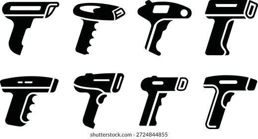 Coleção de diversos ícones portáteis de scanner de código de barras com punhos de pistola e diferentes aberturas de digitalização apresentadas como elementos gráficos