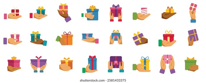 Collection of diverse hands holding colorful wrapped gift boxes, representing the act of giving or receiving presents