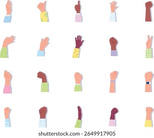 Collection of diverse hands in various gestures, depicted in a flat, colorful style.  Different hand positions and colors represent various ethnicities.  These are simplified illustrations of hands