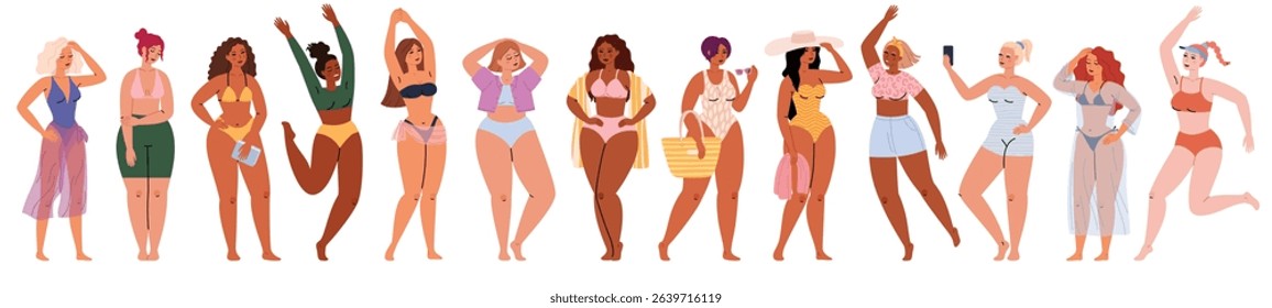Collection of diverse happy resting women on the beach in swimsuits, healthy body. Flat vector illustration isolated on white background.
