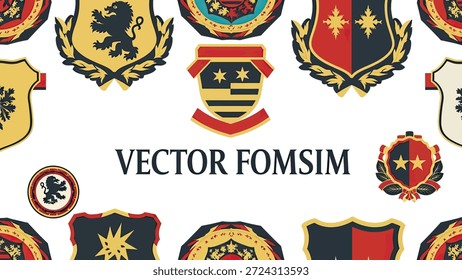 Colección de diversas crestas heráldicas y emblemas con diseños intrincados, sobre un fondo blanco limpio. Gráficos de Vector para recursos gráficos.