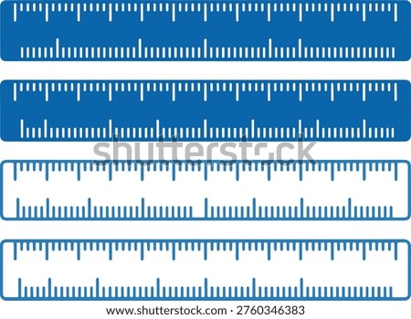Collection of diverse horizontal ruler icons showing metric and imperial scaling for design, engineering, and measurement concepts in blue and white.