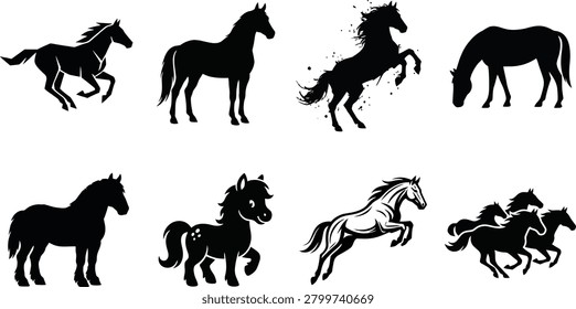 Collection of diverse horse silhouettes featuring running stallion standing mare rearing mustang grazing pony cartoon colt jumping thoroughbred and herd illustrations