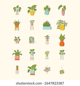 Collection of diverse houseplants displayed in various pots and on different stands, characterized by bright colors and a flat design style.  The illustrations depict a variety of plant species, 