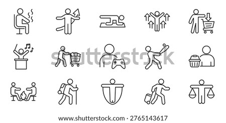 Collection of diverse human activity line icons showcasing lifestyle, hobbies, daily routines, work, and recreational concepts for modern life