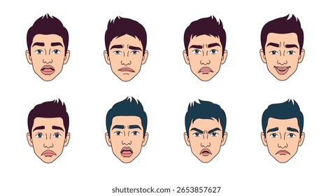 Coleção de diversas expressões de rosto humano retratando uma gama de emoções e sentimentos mostrados no estilo pixel art