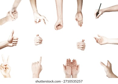 Colección de diversos gestos de la mano humana aislados sobre fondo blanco, mostrando diversos signos, símbolos y acciones para la comunicación, el diseño y el uso instructivo.