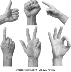 Collection of diverse human hands gesturing different symbolic meanings isolated on transparent background