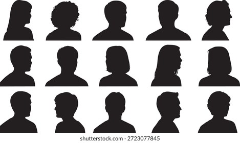 collection of diverse human head silhouettes showing various hairstyles and profiles for social media and identity design