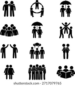Coleção de diversos ícones de interação humana e comunidade