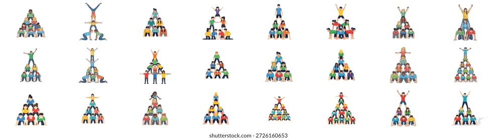Sammlung verschiedener menschlicher Pyramidenformationen und akrobatischer Stunts, die Teamarbeit, Zusammenarbeit, Stärke und Erfolg in der Gruppenleistung veranschaulichen
