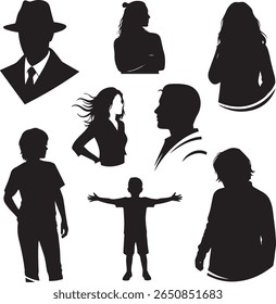 Collection of Diverse Human Silhouettes Showcasing Various Poses and Hairstyles For Design Elements
