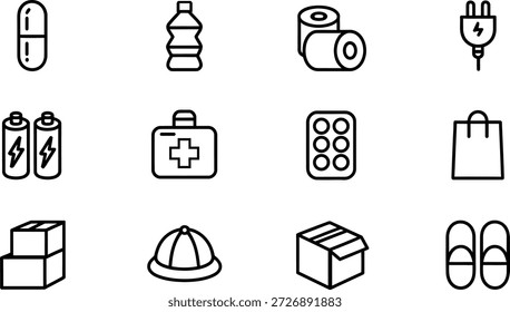 Colección de diversas representaciones iconográficas para artículos de uso cotidiano, incluidos suministros médicos y objetos domésticos presentados como recurso gráfico