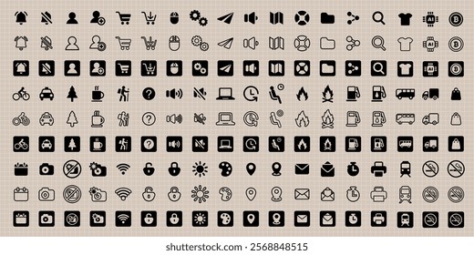 Collection of diverse icons featuring communication, shopping, travel, and technology symbols. Icons include phones, carts, planes, and more, in a simple design. User interface icon vector set.