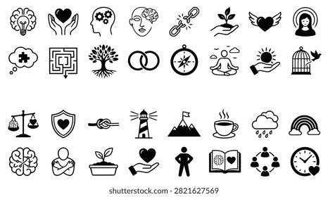 A collection of diverse icons representing abstract concepts and symbols for various applications