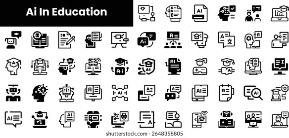 Uma coleção de ícones diversos representando a IA na educação, mostrando elementos como aprendizagem, tecnologia e inovação em um design monocromático.