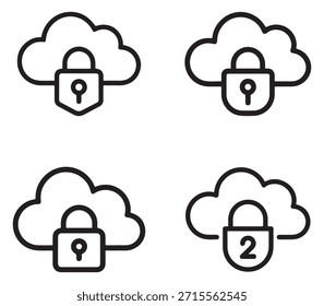 Eine Sammlung verschiedener Symbole, die Cloud-Verschlüsselungs-, Sicherheits- und Datenschutzkonzepte darstellen und auf weißem Hintergrund präsentiert werden.