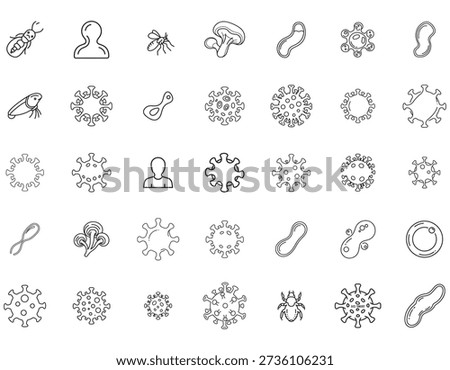 A collection of diverse icons representing microorganisms, biological entities, and simple shapes, including bacteria, viruses, fungi, insects, and human figures.