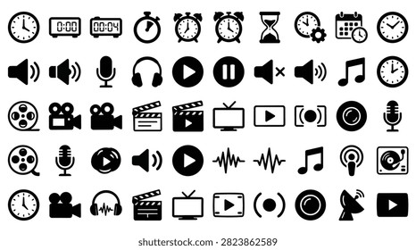 A collection of diverse icons representing time media sound and technology elements for digital use