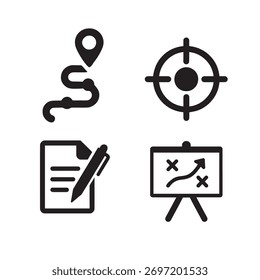 Uma coleção de ícones diversos representando vários aspectos da estratégia de negócios, planejamento e operações, adequados para apresentações e projetos digitais.