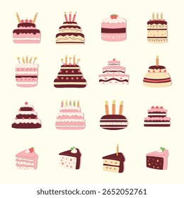 Coleção de ilustrações diversas que retratam vários tipos de bolos de aniversário e fatias de bolo, com diferentes cores, desenhos e arranjos de camadas, enfatizando elementos festivos como velas. 
