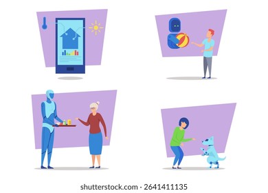 Collection of diverse illustrations featuring technology, robots, seniors, and playful pets in various everyday activities. Innovation and daily routines concept