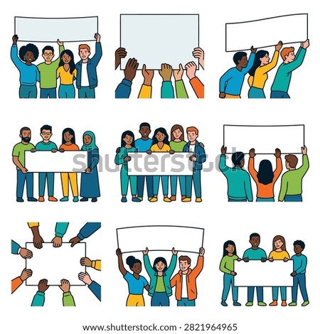 A collection of diverse individuals standing united, holding blank signs and banners, symbolizing protest, activism, or a call to action.