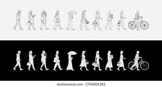 Collection of Diverse Individuals Walking and Interacting with Common Items, Depicted in a Clean, Minimalist Line Art Style Against Contrasting Backgrounds