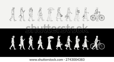 Collection of Diverse Individuals Walking and Interacting with Common Items, Depicted in a Clean, Minimalist Line Art Style Against Contrasting Backgrounds