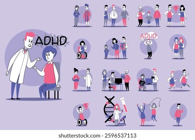 Collection of diverse interactions and situations related to ADHD, highlighting topics like understanding, support, and awareness in various settings