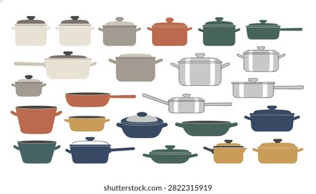 Collection of diverse kitchen cooking pots, pans, and casseroles of different shapes, sizes, and colors, vector icon set.