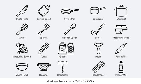Collection of diverse kitchen instruments and supplies for culinary tasks. Features chef's knife, cutting board, frying pan, saucepan, stockpot, whisk, spatula, wooden spoon, ladle, measuring cups, measuring spoons, tongs, grater, peeler, rolling pin, mixing bowl, colander, corkscrew, can opener, pepper mill.