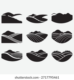 Collection of diverse landscape silhouettes with fields and hills.