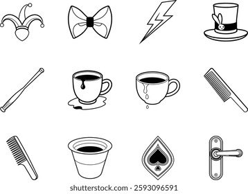 Collection of Diverse Line Art Icons Including Jester Hat Bow Tie Lightning Bolt Top Hat Baseball Bat Coffee Cups Comb Ace of Spades Door Handle