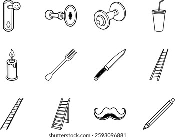 Collection of diverse line art icons depicting various objects and tools
