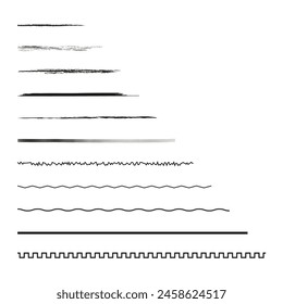 Collection of diverse line brushes. Set of artistic stroke patterns vector. Black brush lines for design use.