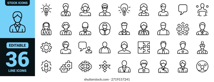 A collection of diverse linear icons representing people communication and various professional roles is displayed