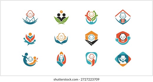 Eine Kollektion verschiedener Logo-Designs mit stilisierten Illustrationen älterer Menschen, oft kombiniert mit abstrakten Formen, menschlichen Figuren oder natürlichen Elementen, um Konzepte wie Pflege, Gemeinschaft, Gesundheit, Familienunterstützung und Wohlbefinden zu symbolisieren, die alle auf sauberem, weißem Hintergrund präsentiert werden