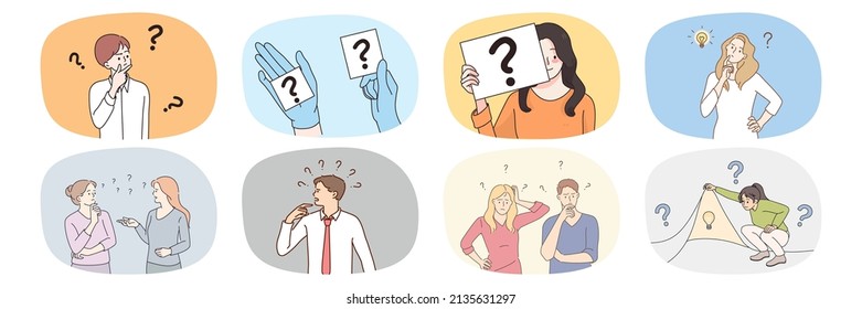 Collection of diverse look for answer to social dilemma or issue. Set of frustrated men and women with question marks find solution to problem. Choice and decision. Vector illustration. 