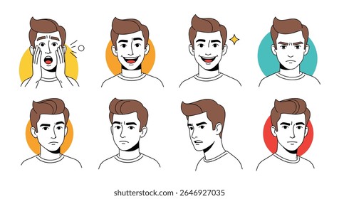 Collection of Diverse Male Face Expressions Showing Different Emotions and Feelings Clearly Illustrated