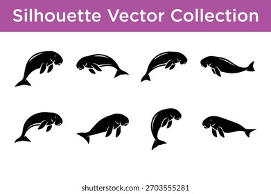 Una colección de diversas siluetas de manatí en formato Vector, perfecto para logotipos, íconos y materiales educativos.