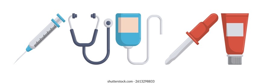 A collection of diverse medical tools, including a syringe, stethoscope, dropper, and tube of cream, illustrating various healthcare and treatment applications.