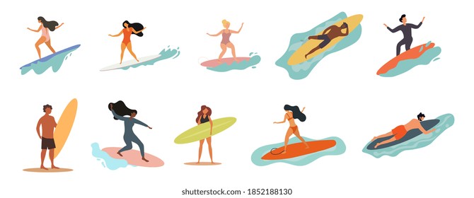 Collection of diverse men and women in swimsuits doing assorted activities with surfboards on the beach and ocean isolated on white, colored vector illustration