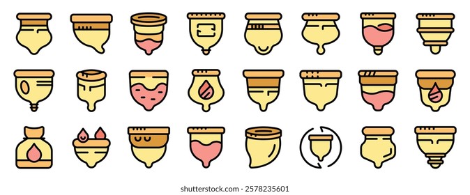 Collection of diverse menstrual cup designs in a vector illustration