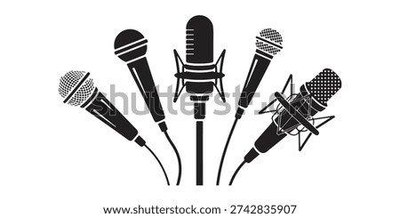 Collection of diverse microphone designs for recording, broadcasting, and vocal performances