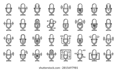 A collection of diverse microphone icons, showcasing various designs and styles. Each icon represents a microphone, some with sound waves indicating audio output.