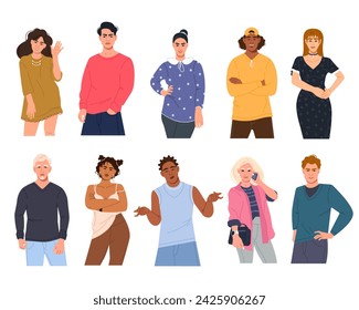 A collection of diverse multicultural multinational men and women in different poses. Modern young female and male characters in a flat style. Vector cartoon illustration