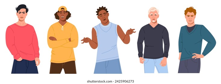 A collection of diverse multicultural multinational men in different poses. Modern young male characters in a flat style. Vector cartoon illustration